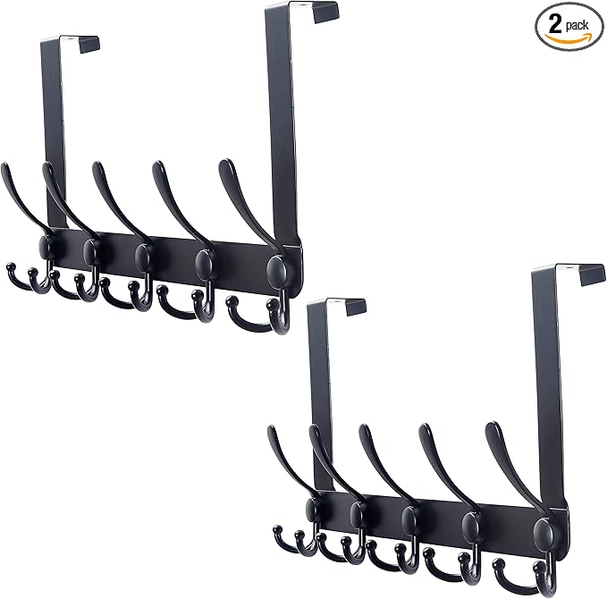 SKOLOO Over The Door Hook - for Doors up to 1-3/4'' Thickness, Pack of 2, Metal Door Hanger with 5 Triple Hooks, Black Over The Door Hanger for Coats, Hats,Towels, Assembly Required