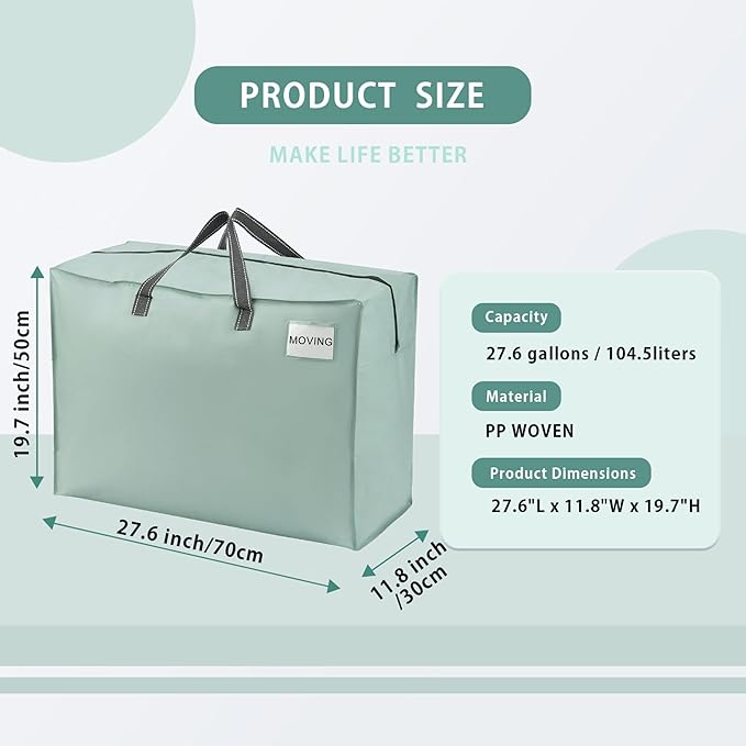 VENO 4 Pack Moving Bags, Christmas Storage Containers, Storage Totes, Zipper On Top, Sturdy, Storage Bags for Camping, Clothes, Bedding, Comforters, Pillows (27 Gallon Light Green, 4 Pack)