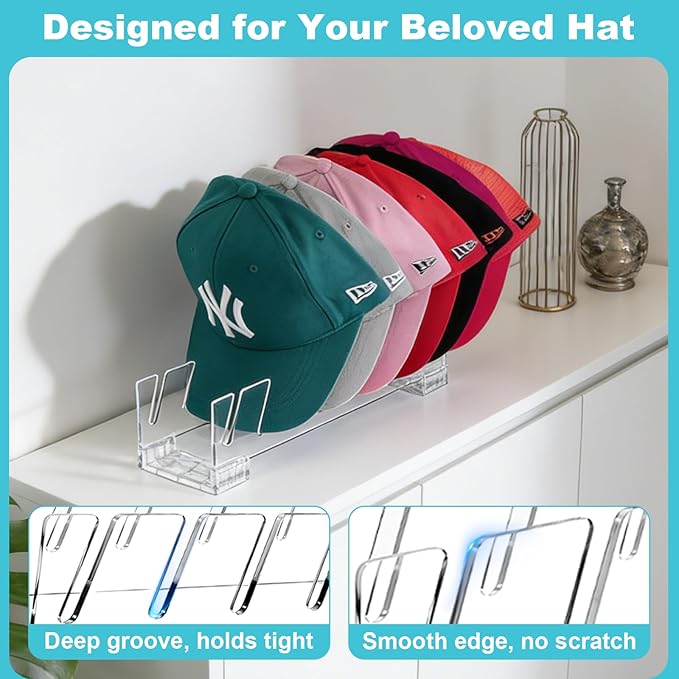 FAMOVELL® 4 Pack Acrylic Hat Organizer for Baseball Caps, Clear Hat Stand for Closet Dresser Bedroom and Shelf - Non-Slip Cap Holder Displays and Holds Up to 28 Tennis or Trucker Hats