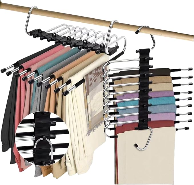 2Pack 9 Layers Foldable Pants Hangers Space Saving Trouser Hanger Multifunctional Trouser Rack Hanger Hanging Hole for Wardrobe Trousers Scarf Jeans (Black)