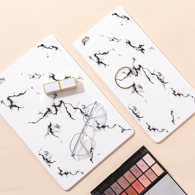 2 Tier Bathroom Cabinet Countertop Organizer Perfume Lipstick Makeup Organizer Cosmetics Storage Display Rack Vanity Tray Metal Dresser Storage Shelf White Marble Ceramic Tray Black