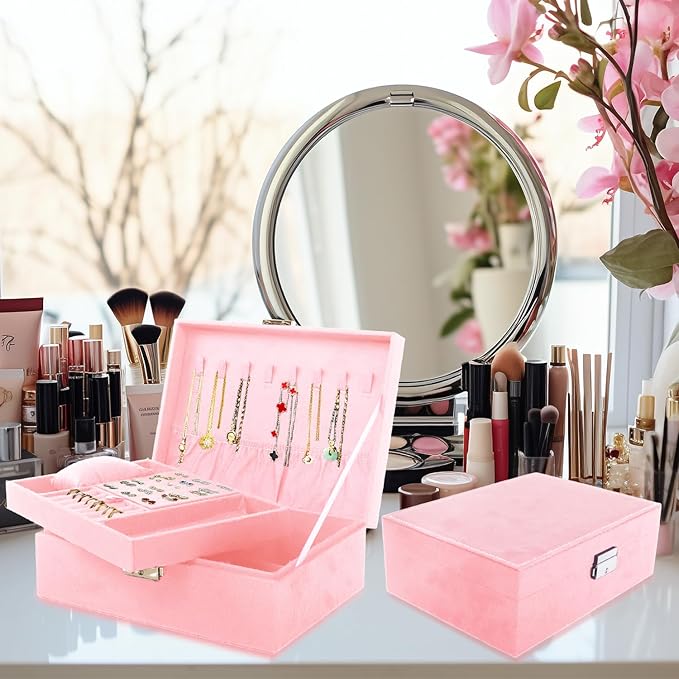 Nsmykhg Velvet Jewelry Box Organizer - 2 Pack Lockable 2 Layer Travel Case with Removable Tray, Jewelry Storage for Women & Men, Jewelry Display Case for Rings, Necklace, Earrings (Pink)