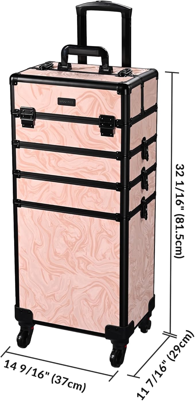 BYOOTIQUE Rolling Makeup Trollleyon Wheels 3-Piece Kit Lockable Cosmetology Organizer Cart Cosmetic Train Case Hairdressing Brush Bags for Nail Tech Beauty Salon Barbershop,CTB Pink