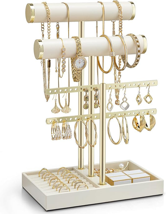 Vlando 3 Tier Necklace Holder Organizer with Tray, Leather Bracelet Holder Display for Women, Gold Jewelry Stand for Bracelet, Necklace, Earrings, Rings - Cloud White