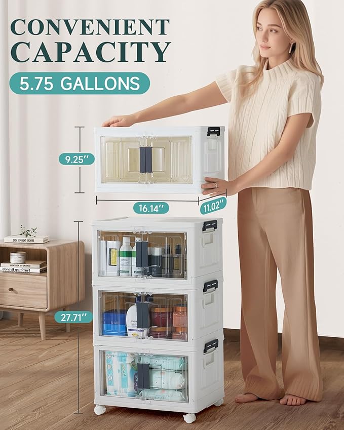 OlarHike 23QT Stackable Storage Bins with Lids - Folding Storage Box with Doors and Wheels, Collapsible Plastic Storage Bins for Closets and Organization, Gifts, 3 Pack Cubes
