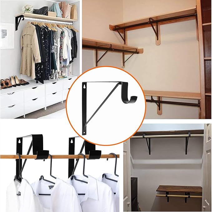 8 Pack Heavy Duty Closet Shelf & Rod Brackets, Wall Mounted Closet Shelf Brackets, 11 x 10.2 Inch Closet Shelf Brackets with Rod Support, Black