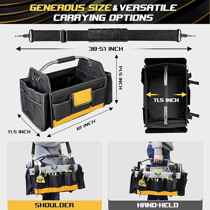 18 Inch Open Top Tool Bag, Tool Bags for Men with 30 Pockets, 1680D Waterproof Fabric, Foldable Electrician Tool Bag with Rotating Handle, Reflective Tool Organizer for Men, Yellow