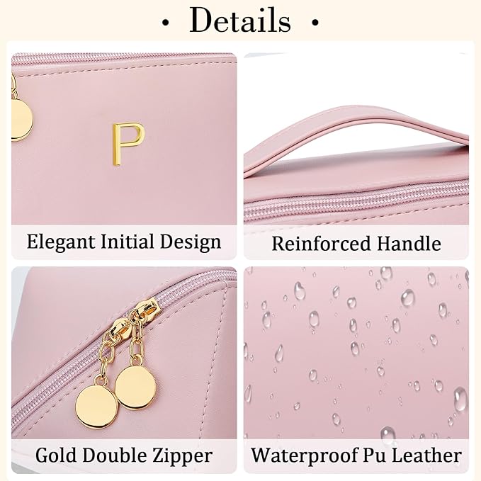 Valentine's Day Gifts for Women Teen Girl, Personalized Initial Makeup Organizer Bag Set, Open Flat Travel Cosmetic Bag With Clear Divider and Handle(Pink,P)