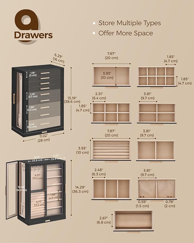 360° Rotating Jewelry Box with 9 Drawers, Spacious Vertical Jewelry Organizer with Glass Window, Jewelry Storage Case, Dustproof & Moisture-resistant Design, Black