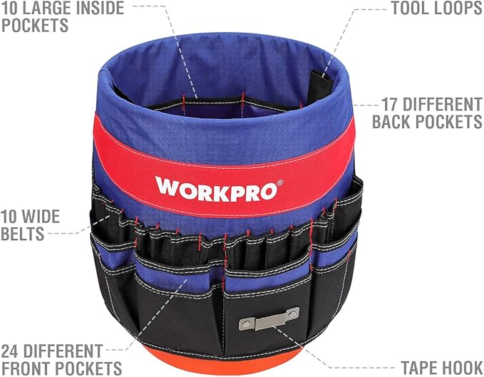 WORKPRO Bucket Tool Organizer with 51 Pockets Fits to 3.5-5 Gallon Bucket (Tools Excluded)