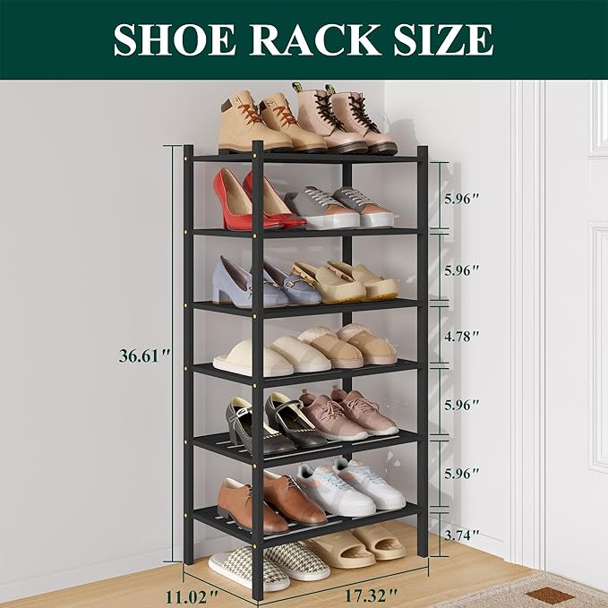 Smiry Small Bamboo Shoe Rack 6-Tier, Stackable Wooden Shoe Organizer for Entryway & Closet, Free Standing Wood Shoe Storage Shelf for Front Door & Small Spaces, Black