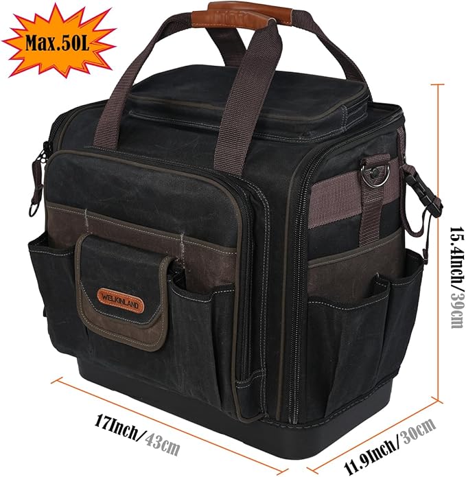 WELKINLAND 54Pockets Electrician Tool Bag, Heavy-Duty Hard Bottom Tool Bag, WaterProof Waxed Canvas Tools Bag, Technician Tool Bags, HVAC Tools Bag For professionals