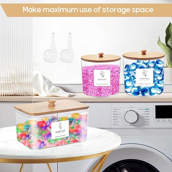 3 Pack Laundry Room Organization Storage Containers, Clear Large Laundry Detergent Powder Storage Containers with Wooden Lids & 16 Labels,Laundry Pods Holder for Scent Booster,Powder,Pods