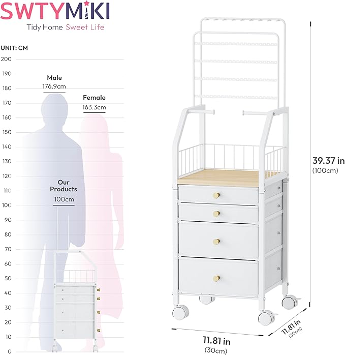 SWTYMIKI Large Jewelry Organizer Stand - Multifunctional Rack Tower for Necklace, Earring, Ring & Bracelet Display - Moveable Storage Jewelry Holder Stand with 4 Nonwoven Drawers for Bedroom White