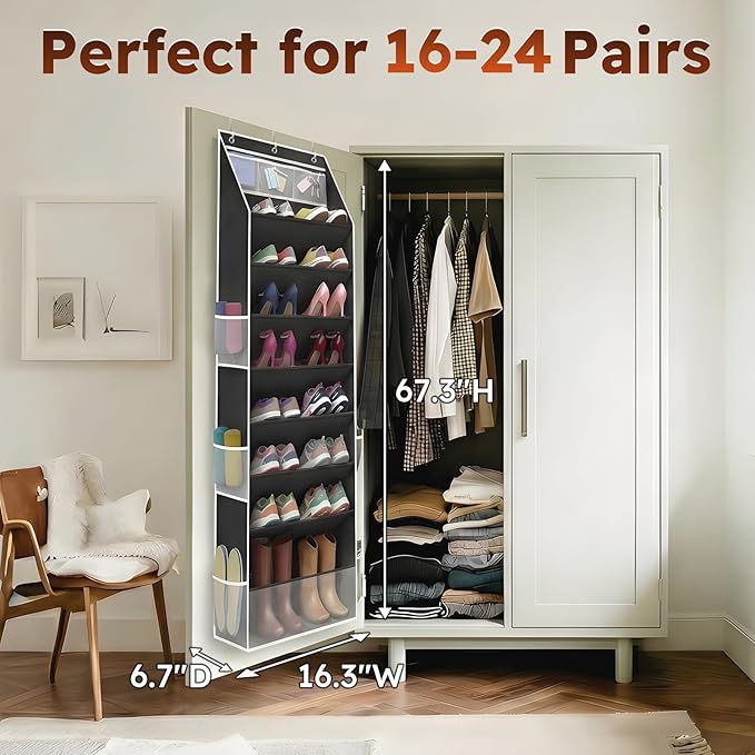Over The Door Shoe Organizer - 8 Tier Hanging Shoe Organizer with Large Capacity Pockets, Shoe Organizer for Closet, Shoes Rack for Door, Fits 16-24 Pairs of Sneakers, Boots, Heels – Black