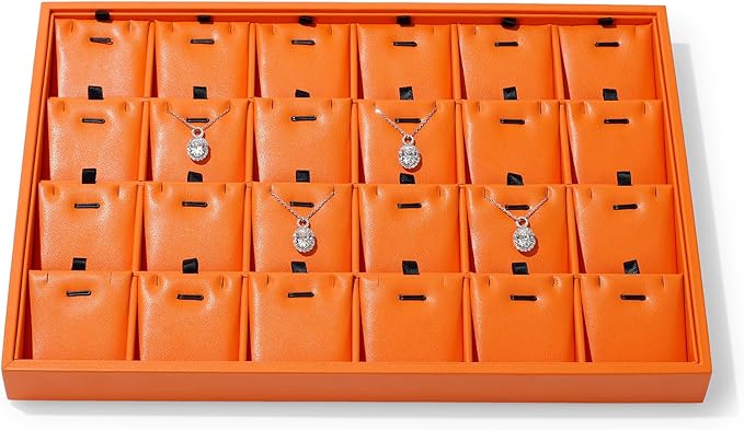 Orange Leather Necklace Tray Jewelry Display Tray 24 Grids Necklace Display Trays Necklace Storage for Drawers With Removable Jewellery Cards Necklace Pendant Tray