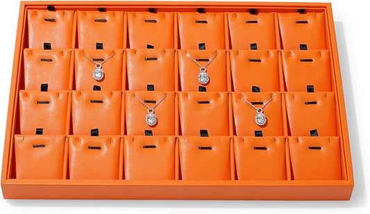 Orange Leather Necklace Tray Jewelry Display Tray 24 Grids Necklace Display Trays Necklace Storage for Drawers With Removable Jewellery Cards Necklace Pendant Tray