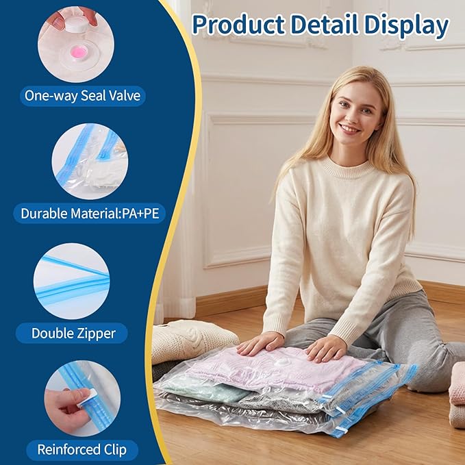 Vacuum Storage Bags for Clothing Travel,7 Pack Vacuum Bags with Pump,Space Saver Bags for Clothes Travel & Home (2 Roll-Up Bags,1 Small,1 Medium,1 Large,1 Jumbo,1 Super Jumbo)