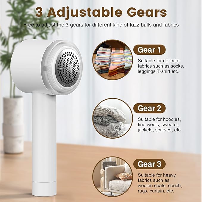 Fabric Shaver Electric Fuzz Remover, 2 in 1 Rechargeable Sweater Shaver with Lint Roller, Magnetic Cap, Digital Display, 2 Extra Blades, Defuzzer for Clothing Furniture Couch - White