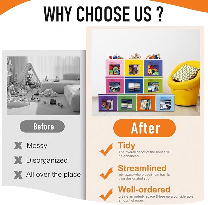 10 Pcs Fabric Storage Cube with Lid 11x11 Inch Fabric Storage Bins with Window Handle Collapsible Cube Organizer Basket for Shelves Closet Bedroom Office Clothes Book Stuffs (Rainbow)