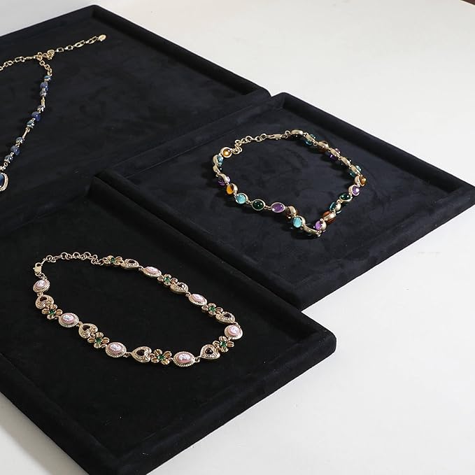 Rectangle Jewelry storage organizer plate, Velvet Jewerly display tray, Empty showcase tray for Necklace Bracelet Ring Earring【Black-Medium, 11.8 x 8.7 in 】