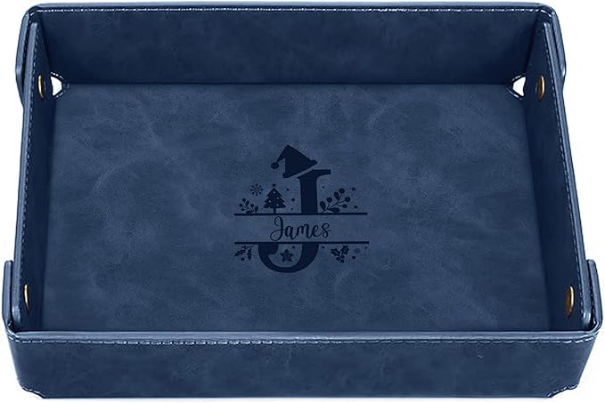 Engraved Christmas Blue Leather Valet Tray – Personalized Rectangle Catchall Organizer for Wallet, Keys, and Jewelry – Gift for Men, Dad, Couples – Dresser Top or Coffee Table Tray Decor