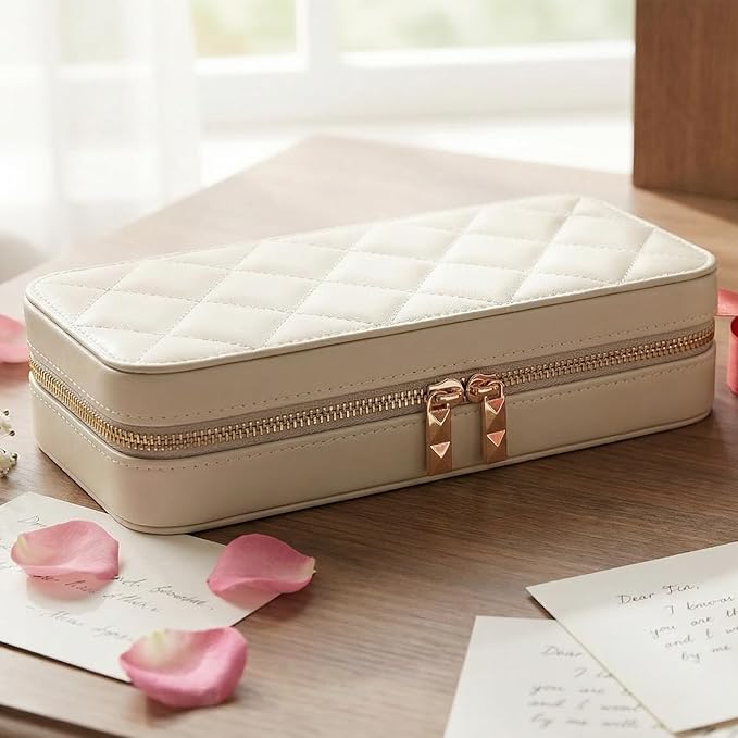 Travel Jewelry Case with Mirror, Quilted Small Jewelry Box Organizer for Women Girls, Portable Earring Necklace Bracelet Ring Holder Storage for Travel, Gifts for Her (Beige)
