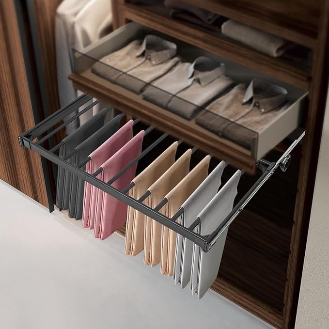11 Arms Slide Out Pants Rack Closet Pants Hanger Bar Pull Out Trousers Rack Tie Belts Scarf Racks, Top Mounted Wardrobe Clothes Organizers Rail Pull Out Closet Storage Rod-Black
