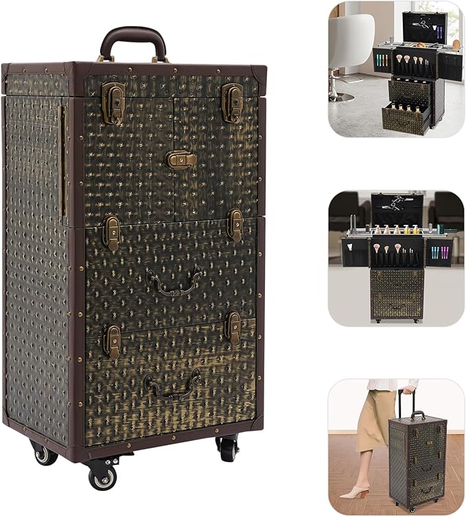 Rolling Makeup Train Case Large Storage Cosmetic Trolley Professional Manicure Tool kit Portable Manicure Storage Case Organizer with Swivel Wheels with 4 Tray and Sliding Rail
