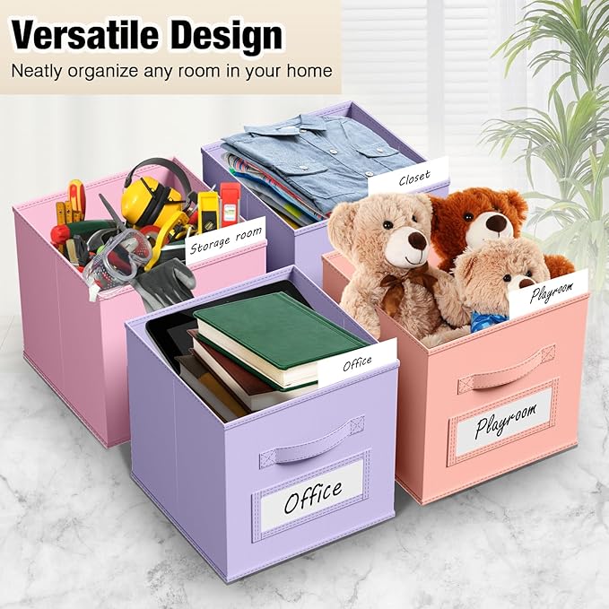 10 Pcs Fabric Storage Cubes with Labels 11 Inch Collapsible Cube Organizer Baskets with Window Cards for Shelf Nursery Clothes Book Toys Storage Bin(Gentle Pink Purple)