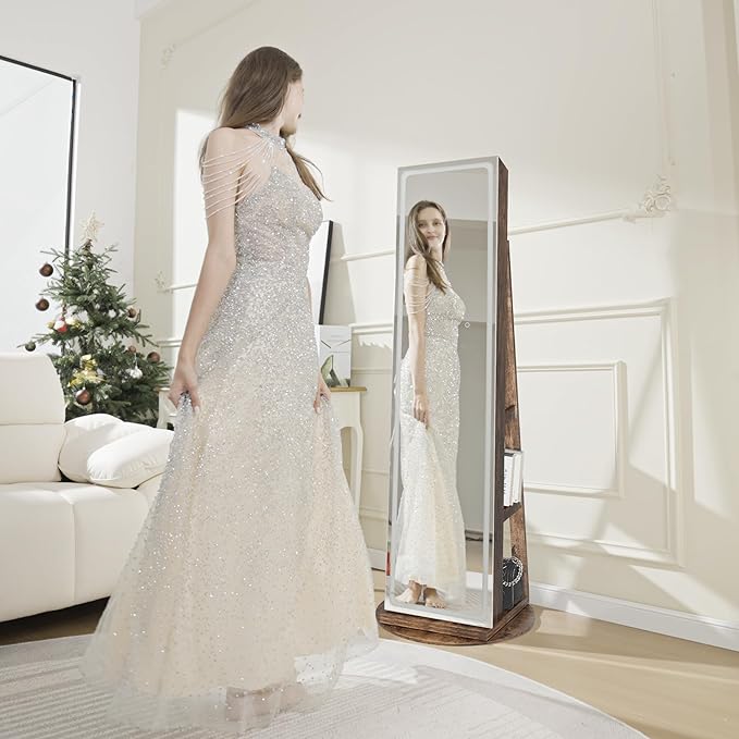 LED Mirror Jewelry Cabinet Standing, Swivel Jewelry Armoire with Full Length LED Mirror and Adjustable Lights, Lockable Jewelry Storage Organizer, Brown