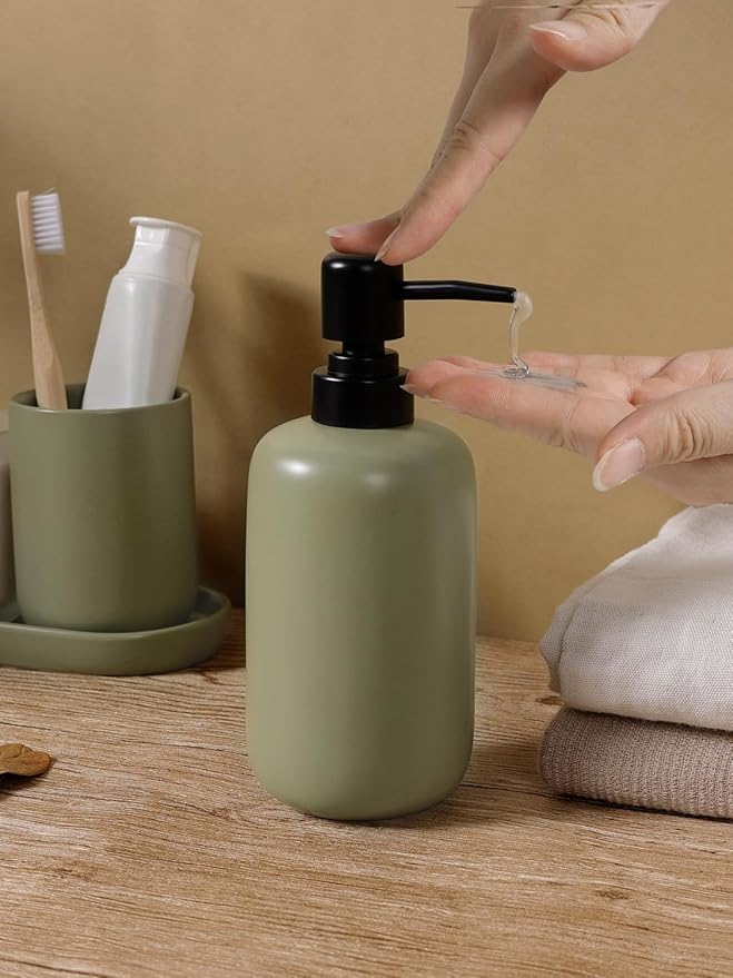 INGOFIN 3 Pcs Ceramic Bathroom Accessory Set - Liquid Soap Dispenser, Toothbrush Holder & Tray, Bathroom Counter Set, Countertop Essentials for Home, Guest Bathroom, Office, Hotel, Dark Green