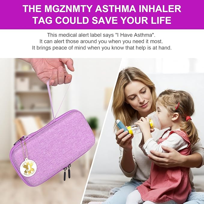 MGZNMTY Travel Carrying Case Compatible with Asthma Inhaler Spacer for Adults and Children, Masks, Inhaler Holder with Asthma Alert Tag and Medical Card, Carabiner (Only Case) (Purple)
