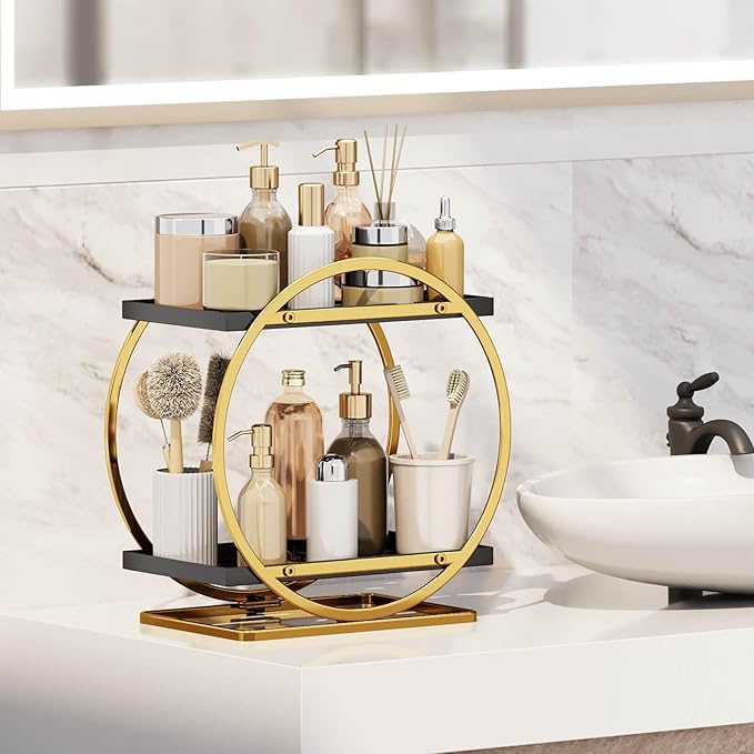 Makeup Organizer for Vanity, Black Gold Perfume Organizer for Dresser, 2-Tier Bathroom Countertop Organizers, Bathroom Counter Shelf Skincare Holder Perfume Tray Cosmetic Display