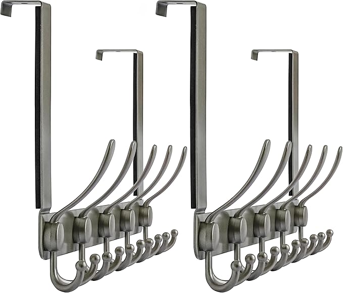 Dseap Over The Door Hook Hanger - Fits 1 3/8" to 1 3/4" Standard Doors | 5 Tri Hooks Heavy Duty Towel/Coat Rack | Door Organizer for Clothes, Jackets, Hats, Towels, Grey, Pack of 2