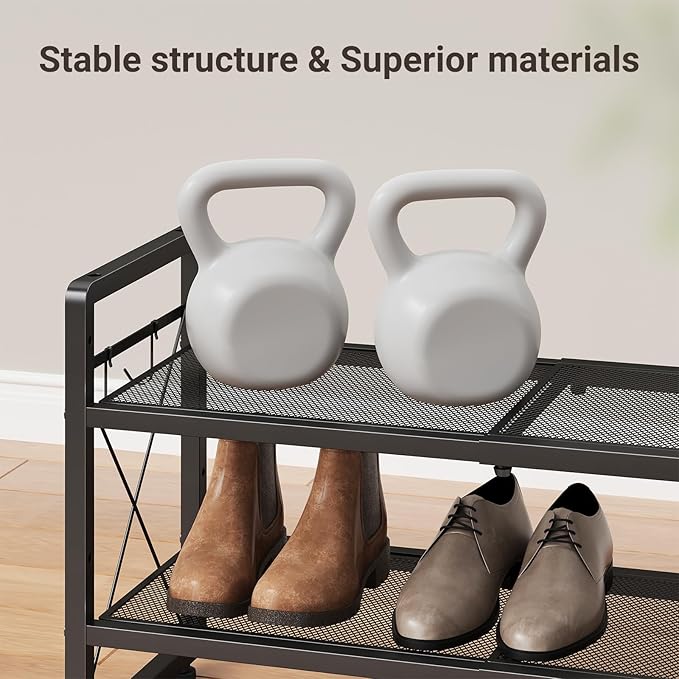 ELYKEN Shoe Rack, 2-Tier Expandable Shoe Organizer for Entryway, Metal Black Shoe Shelf with 4 Hooks, Ajustable Shoe Stand Holder for Closet, Garage, Door Entrance