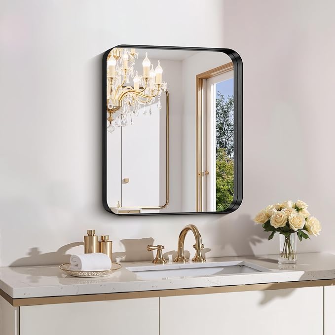 FORBATH 24x20 Inch Bathroom Mirror for Wall, Black Metal Framed Vanity Mirrors for Over Sink, Rounded-Corner Rectangle Mirror for Bedroom Living Room Entryway Hallway, Hangs Horizontal or Vertical