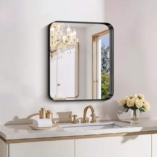 FORBATH 24x20 Inch Bathroom Mirror for Wall, Black Metal Framed Vanity Mirrors for Over Sink, Rounded-Corner Rectangle Mirror for Bedroom Living Room Entryway Hallway, Hangs Horizontal or Vertical