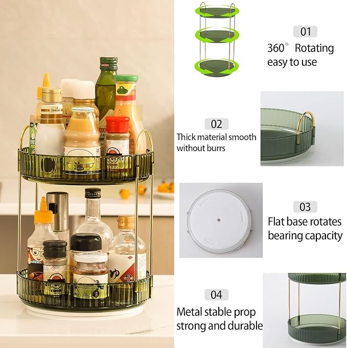 360 Rotating Makeup Organizer for Vanity, Bathroom Countertop Spinning Perfume Organizer, High-Capacity Cosmetic and Skincare Dresser Make Up Holder Rack (2 Tiers, Green)