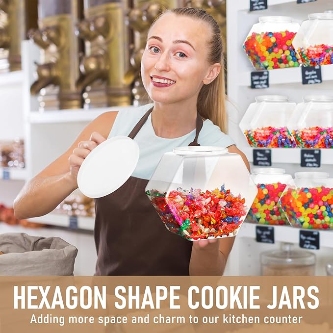 Uiifan 1 Piece Plastic Candy Jar with Lid Cookie Jar Clear Hexagonal Fish Bowls Containers for Snacks, Dog Food, Desk Pet, Craft and Sewing Supplies, Coffee Pod, Laundry Pod Storage Display(145 oz)
