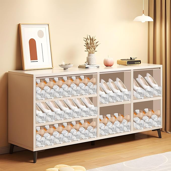 Shoe Slots Organizer,12 Pack Transparent Shoe Stacker Adjustable Shoe Slot Organizer Space Saver Shoe Rack Holder Shoe Storage Organizers for Closet,Transparent