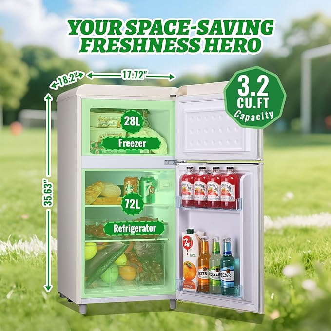 Small Refrigerator with Top Freezer 100Liter Retro Mini Fridge with Adjustable Glass Shelving, 7 Temperature Control and LED Lighting, Retro Off White