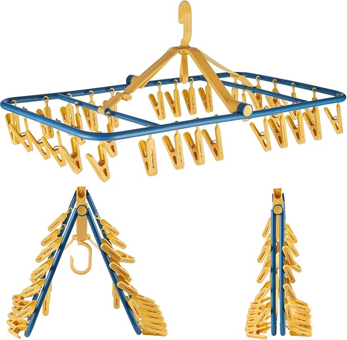 Drip Hanger Foldable Clip Hangers Plastic Wth 32 Drying Clips Wind-Proof Hook Laundry Drying Rack Hanger for Underwear Socks Bras Lingerie