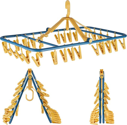 Drip Hanger Foldable Clip Hangers Plastic Wth 32 Drying Clips Wind-Proof Hook Laundry Drying Rack Hanger for Underwear Socks Bras Lingerie