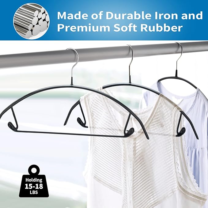 Black Hangers 20 Pack - No Shoulder Bump Non-Slip Rubber Coating Contour Metal Hangers for Sweaters, Coats & Clothes, 15 lbs Weight Capacity, Non-Slip, 16.5 Inch