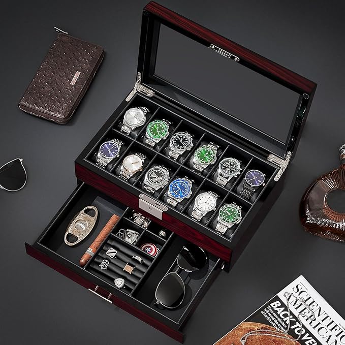 ANWBROAD 12 Slot Watch Cases for Men, Watch Box with Large Lid Jewelry Box with Watch Storage 2-Tier Paint Surface, Watch Holder Organizer for Men Lockable Watch Display Case UJWB001Y