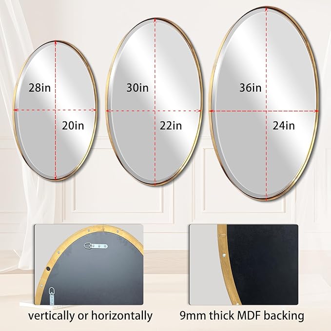 POZINO Brush Oval Vanity Mirror, 20"x28" Gold Mirror for Over Sink, Modern Rounded Mirrors with Stainless Steel Frame, Brass Beveled Mirrors for Bathroom Bedroom Living Room, Horizontal Or Vertical