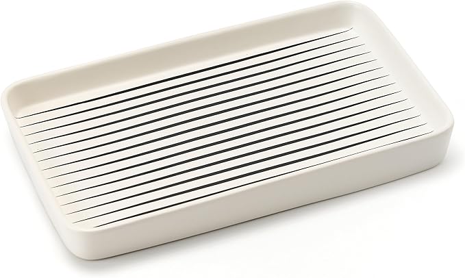 10"×6"×1" White Bathroom Vanity Tray for Countertop- Ceramic Decorative Organizer Tray for Dresser Tops, Toilet, Perfume, Sponge Holder Soap Dish Dispenser for Kitchen Counter- Black Stripes