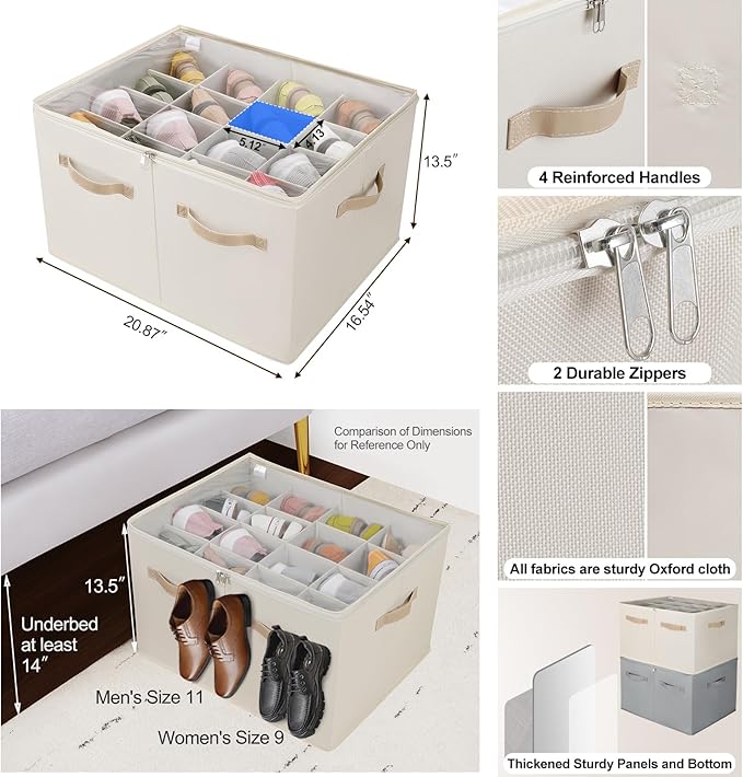 Shoe Organizer for Closet, Foldable Shoe Box with Adjustable Dividers and Clear Cover, Space Saving Shoe Storage Organizer Cabinet with Reinforced Handles, Fits 16 Pairs, Beige TP09Y
