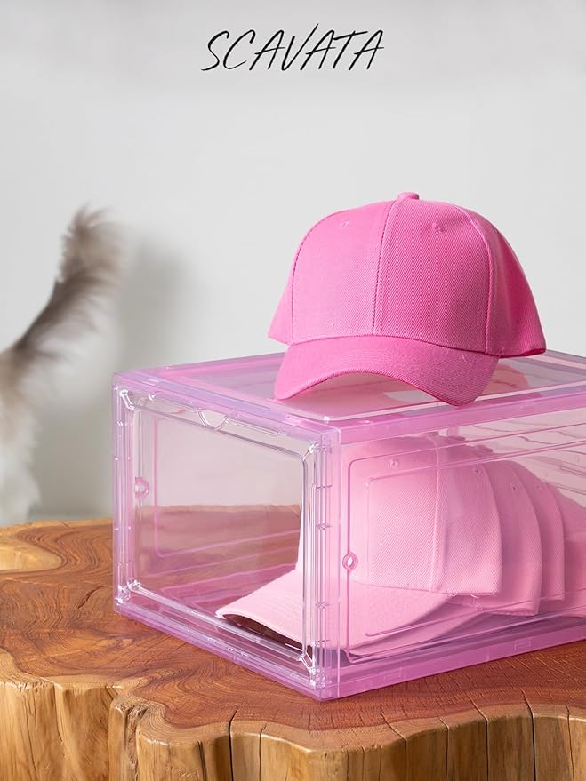 6 Pack Hat Organizer Box, Stackable Clear Baseball Caps Holder Box Containers with Magnetic Door for Hats Snapback Cap Storag, Hat Rack Display Case, Holds 8 Hats Each (Pink)